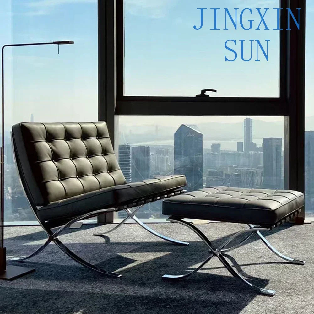 High-end Modern Single Black Accetnt Leather Silla Barcelona Chair Lazy Leisure Lounge Chair Cushion Metal  Creativity