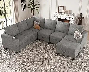 Sofa Convertible L Shaped Corner Couches for Living Room with Storage Armrest with Cup Holder Dark G
