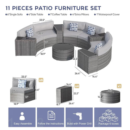Half Moon 11PC Curved Wicker Patio Sofa Set w/Coffee Table, Gray, Customized