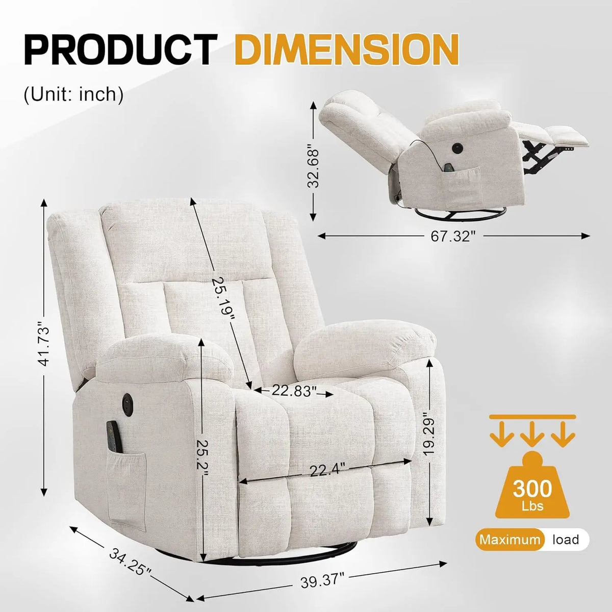 Rocker Recliner Glider Recliner Chairs for Adults 360 Swivel Rocking Chair with Massage and Heating Nursery Chair with Storage