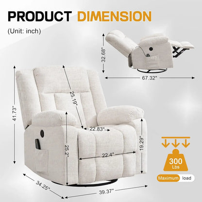 Rocker Recliner Glider Recliner Chairs for Adults 360 Swivel Rocking Chair with Massage and Heating Nursery Chair with Storage
