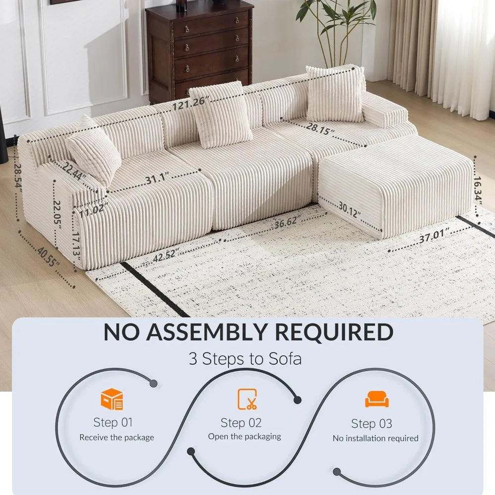 Modular Sectional Sofa in Corduroy, L-Shaped Cloud Couch with Ottoman, Deep Seating Living Room Furniture, Wide and Comfortable