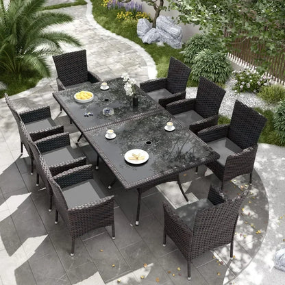 Terrace Furniture Set, Including 8 Cushioned Chairs and 2 Square Tables with Umbrella Shaped Hollow Grey Outdoor Chairs