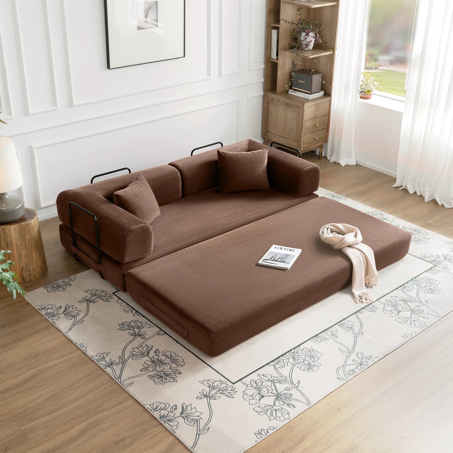 79" Convertible Sofa Bed with Fixed-Shape Frame, Modular Corduroy Sleeper Sofa, Folding Mattress Couch for Small Spaces