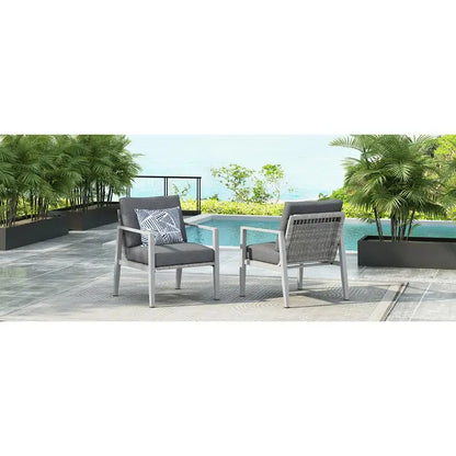 Set of 2 Silver Aluminum Lounge Chairs with Rope Accents and Cushions for Modern Indoor and Outdoor Spaces