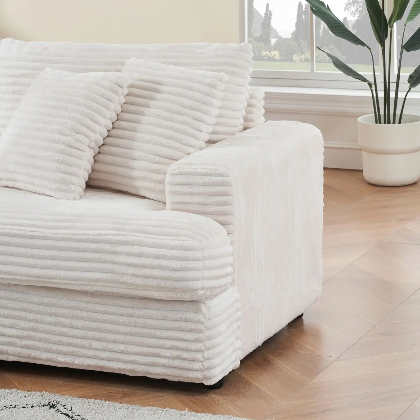 88.58\" White Corduroy 3-Seat Modern Living Room Sofa Spacious & Comfortable with 4 Elegant White Throw Pillows