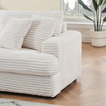 88.58\" White Corduroy 3-Seat Modern Living Room Sofa Spacious & Comfortable with 4 Elegant White Throw Pillows