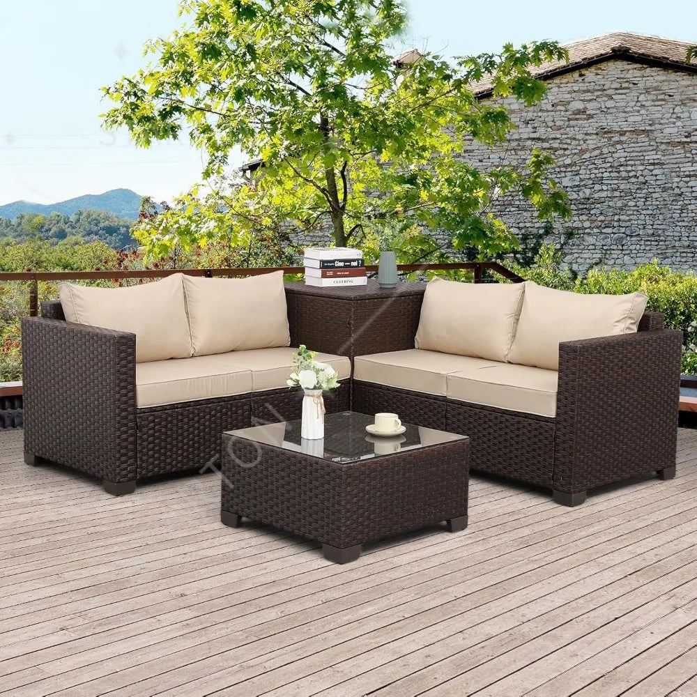Outdoor Patio Furniture Set 4 Piece， Brown Rattan Sectional Sofa Couch PE Wicker Conversation Sets with Storage Box Glass Top Ta