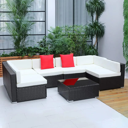 7-Piece Patio Furniture Set, Outdoor Wicker Conversation Set, All Weather PE Rattan Sectional Sofa Set with Glass Table, Pillows