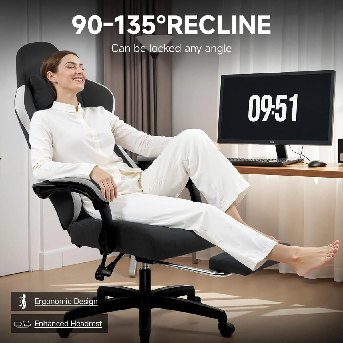 Office Chair, Gaming Computer Desk Fabric Chair with Footrest, High Back Ergonomic Office Chair with Pocket Spring Lumbar Suppor
