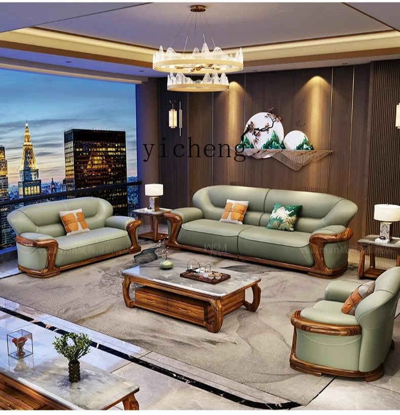 TQQ new Chinese ebony sofa villa large flat solid wood sofa high-end living room furniture leather sofa