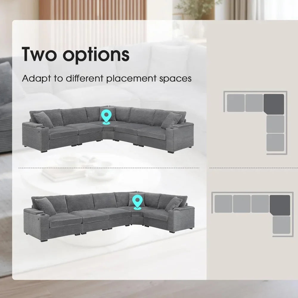 106" Corduroy Sectional Corner Sofa with Cup Holders & USB Charger, 5 Seat Convertible L Shaped Couch Set with Armrest Storage