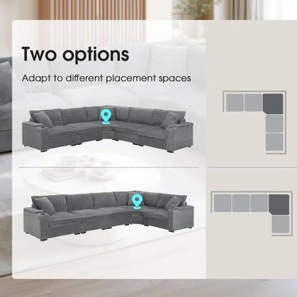 106" Corduroy Sectional Corner Sofa with Cup Holders & USB Charger, 5 Seat Convertible L Shaped Couch Set with Armrest Storage