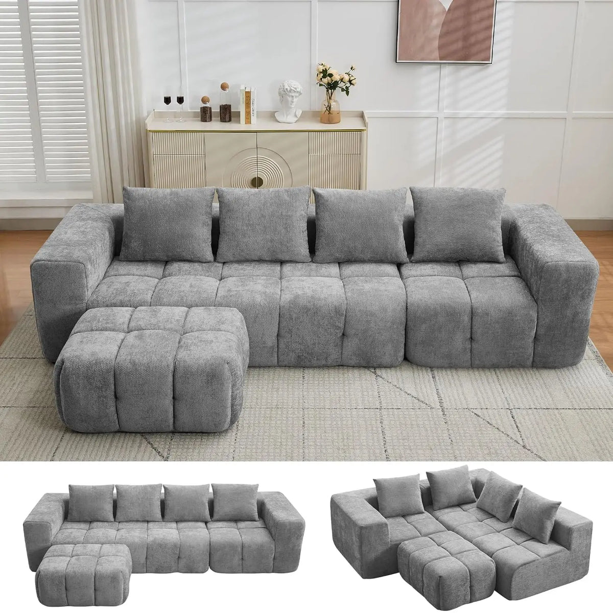 U-Shaped Sectional Sofa, Convertible Modular Couch with Double Chaise, 4-Seater Living Room Furniture, Black