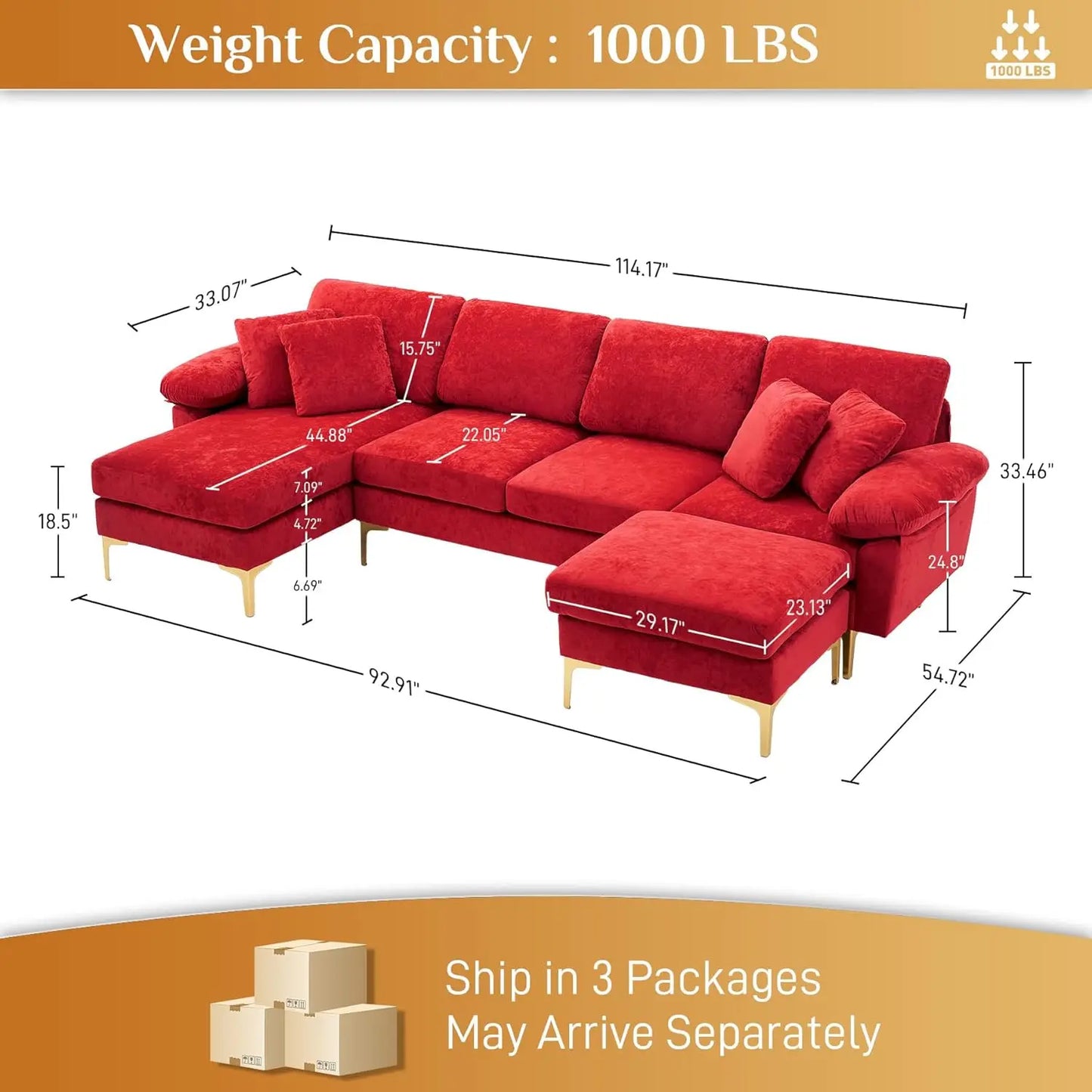 U-Shaped Sectional Sofa 114" Convertible L-Shape Chaise Ottoman Modular 4-Seat Sleeper Velvet Living Office Customized
