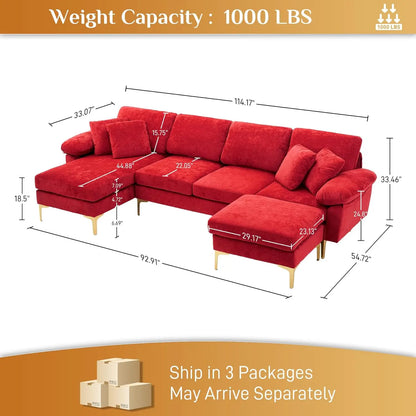 U-Shaped Sectional Sofa 114" Convertible L-Shape Chaise Ottoman Modular 4-Seat Sleeper Velvet Living Office Customized