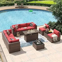 8 Piece Patio Furniture Set with 44” Fire Pit Table Wicker Rattan Outdoor Sectional Sofa Set with Coffee Table and Thickened Cu