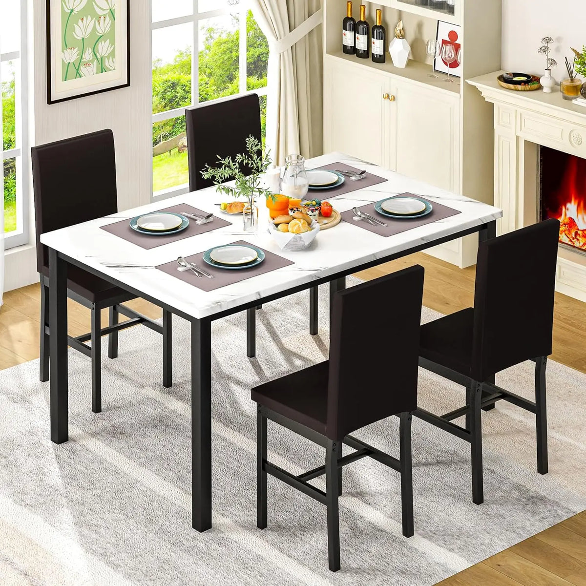 Dining Table Set for 4, Modern Kitchen & Dining Room Sets Faux Marble Table with 4 Leather Chairs for Small Space, Home Kitchen