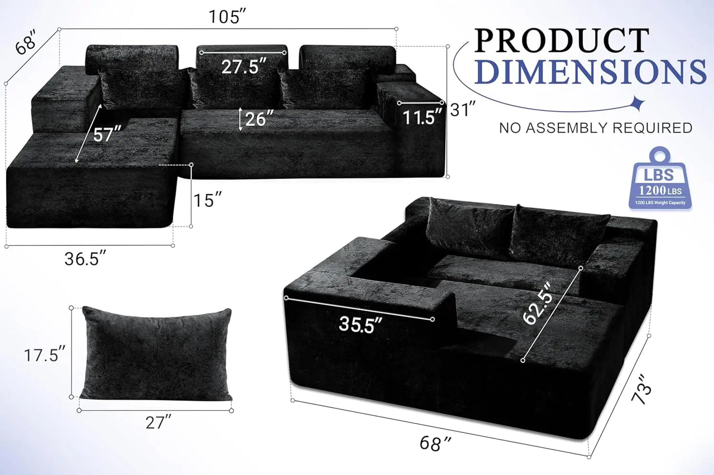 105 L-Shape Modular Sectional Sofa Couch for Living Room, No Assembly Required, Modular Comfy Sofa with Deep Seat