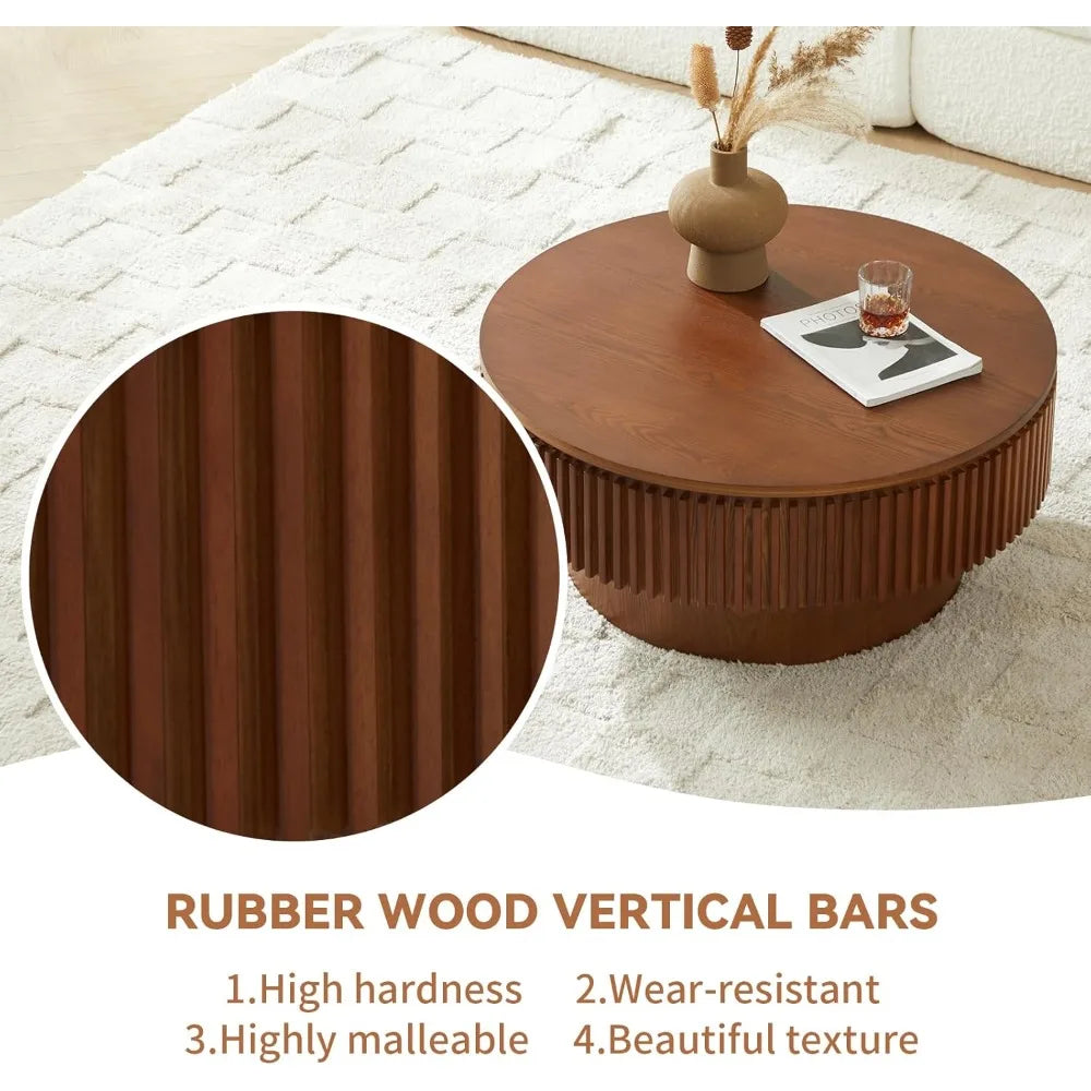 Round Coffee Table for Living Room,Fluted Drum Accent Tea Center Table with Storage,Circle Modern Coffee Tables for Small Space