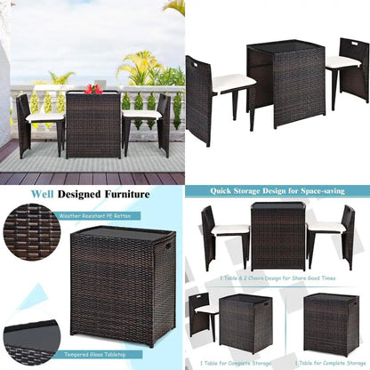 2025new-Wicker Outdoor Patio Bistro Set with 3 Pieces, Rattan Dining Furniture, Cushioned for Garden and Deck Use
