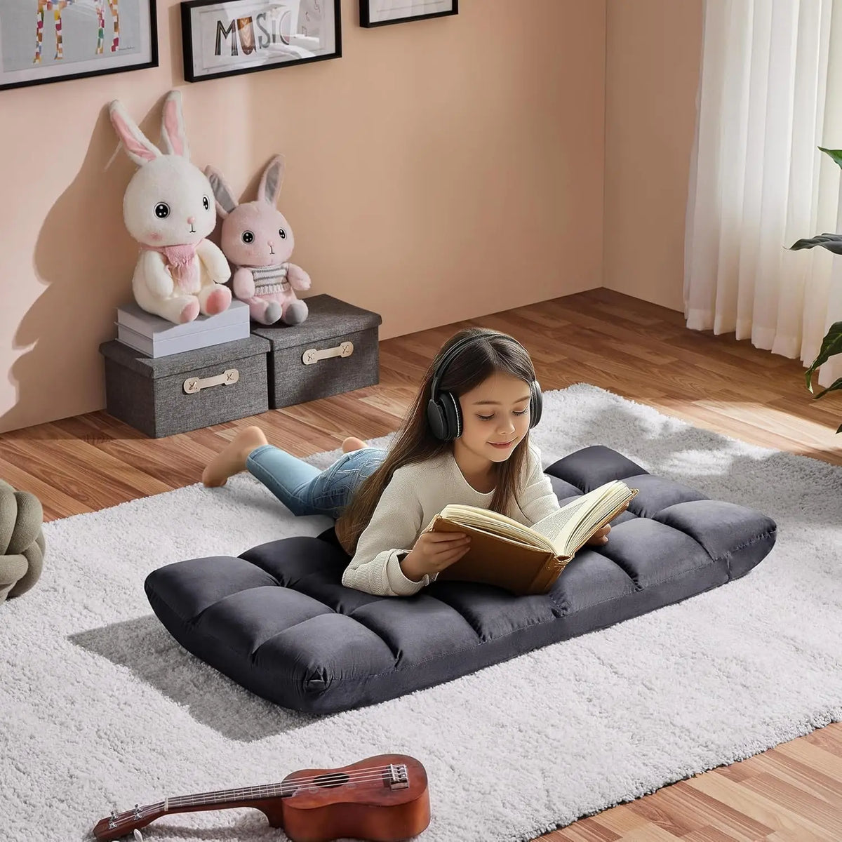 Adjustable Floor Sofa Chair with Back Support, Padded Recliner for Gaming and Meditation, Gray