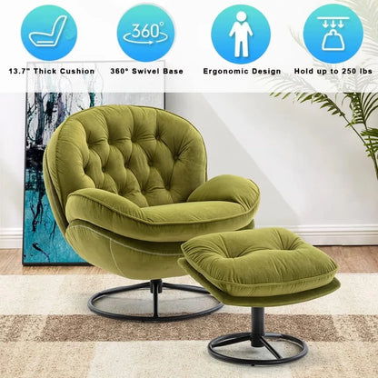 Velvet Swivel Accent Chair with Ottoman Set, Modern Lounge Chair with Footrest, Comfy Armchair with 360 Degree Swiveli