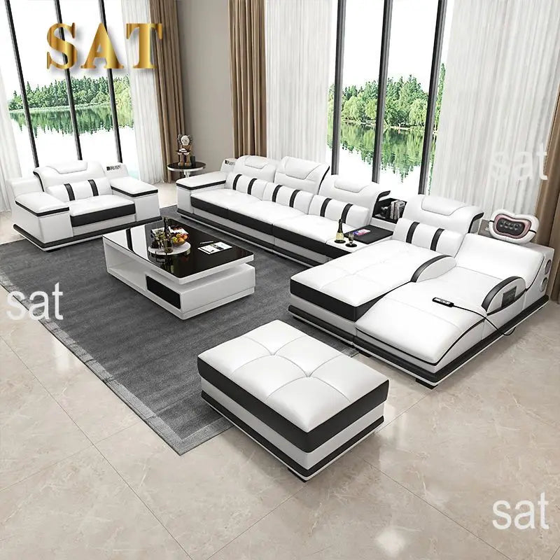 for| Italian Genuine Leather Sectional Sofa with Bluetooth, Speaker, Functional Headrest, Massage Chaise | Big Corner Couch