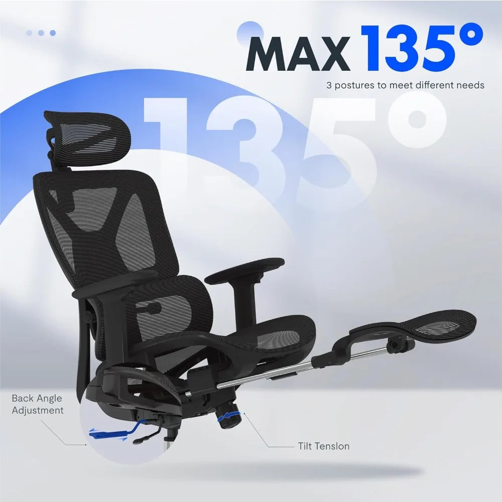 Ergonomic Office Chair with Footrest- Adjustable 3D Armrests, Dynamic Lumbar Support, Recline & Tilt Function