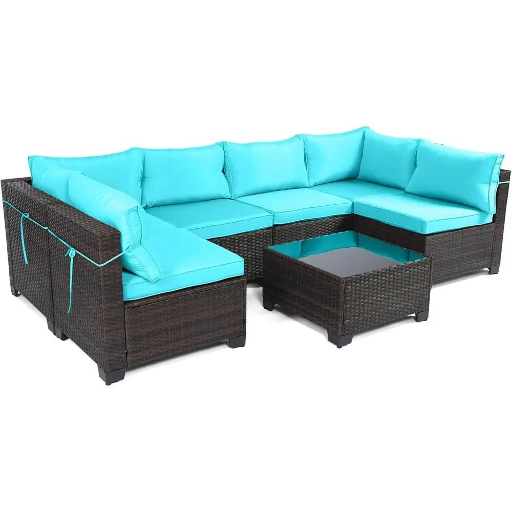 7-Piece Rattan Outdoor Patio Furniture Set with Manual Woven Wicker Sectional and Tea Table