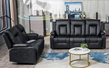 Living Room Furniture Set,Bonded Leather Loveseat Sofa with Cup Holder Recliner Chair,3+2,Black