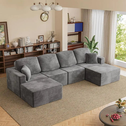 126 Deep Seated Modern Cloud Sofa, Sectional U-Shaped Couch for Living Room, Grey Fabric with 2 Ottomans, Ready to Use,Customize