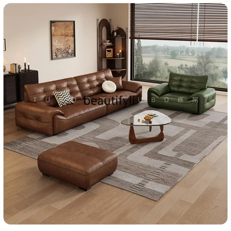 A182 C Oil wax leather sofa first layer cowhide retro living room straight row high backrest