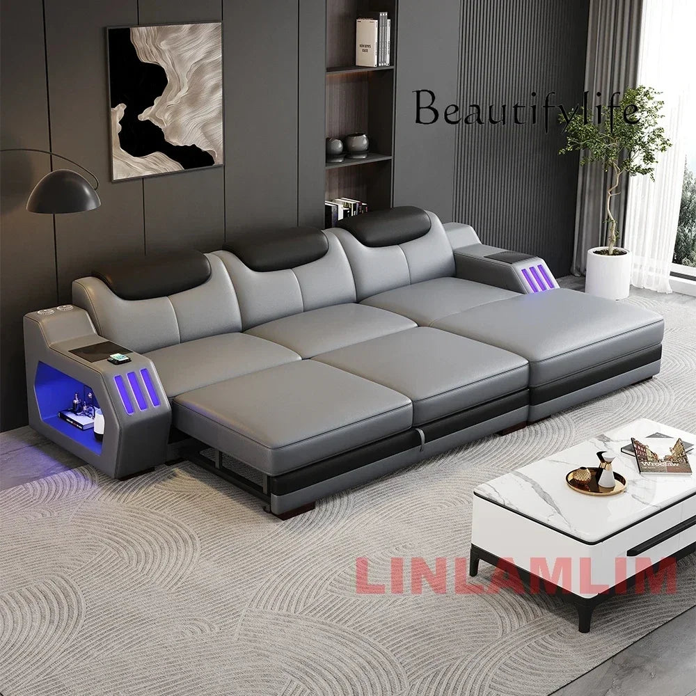 NEW Modern L-Shaped Sectional Sofa Bed with Adjustable Headrests & LED Lights, Genuine Leather Recliner Couch with Storage & USB