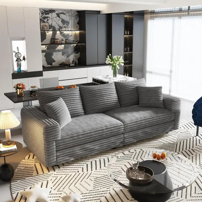 82.7-inch Modern Plush Corduroy 3-Seat Sofa, Comfortable Upholstered Cloud Couch with Soft Pillows and 3 Ottomans, Convertible