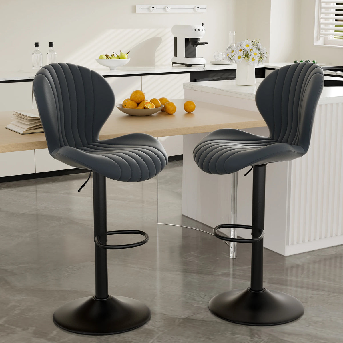 Chaise de bar 2 pièces, 360 °   Rotation, hauteur réglable, cuir artificiel rembourré avec dossier, adapté à la salle à manger
