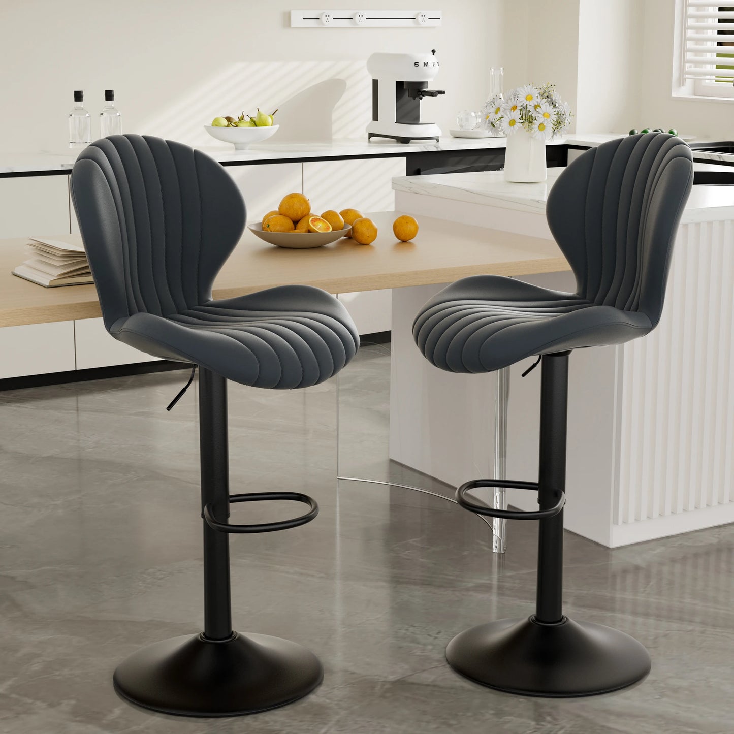 Chaise de bar 2 pièces, 360 °   Rotation, hauteur réglable, cuir artificiel rembourré avec dossier, adapté à la salle à manger