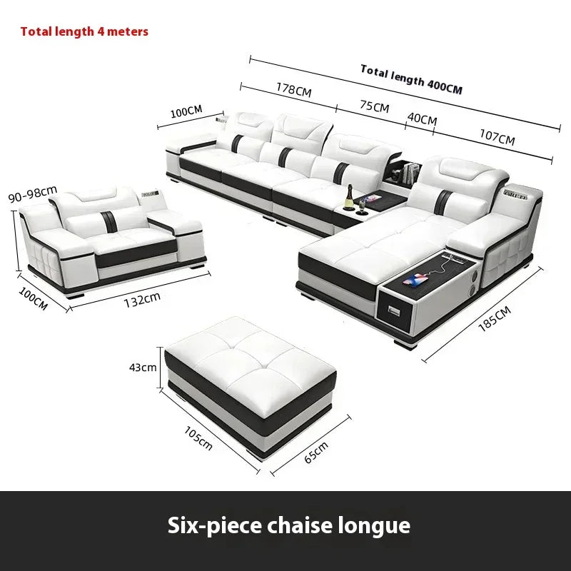 With Bluetooth Speaker And USB Ports Cow Leather Divano Living Room Furniture Luxury Italian Genuine Leather Sectional Sofa Set