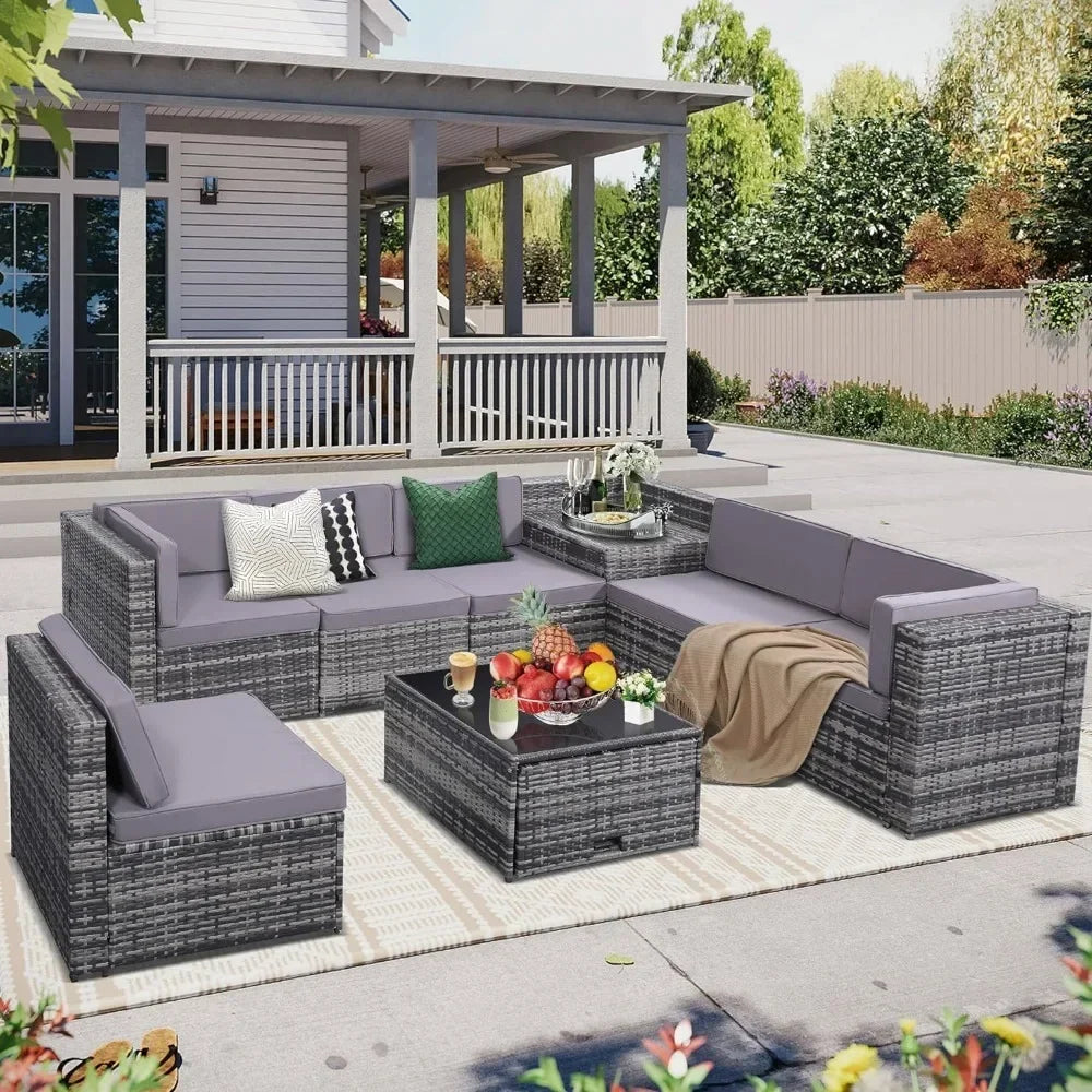 y 8-piece outdoor wicker terrace furniture set with large storage and glass tabletop, 7 padded sofas and 1 oversized table