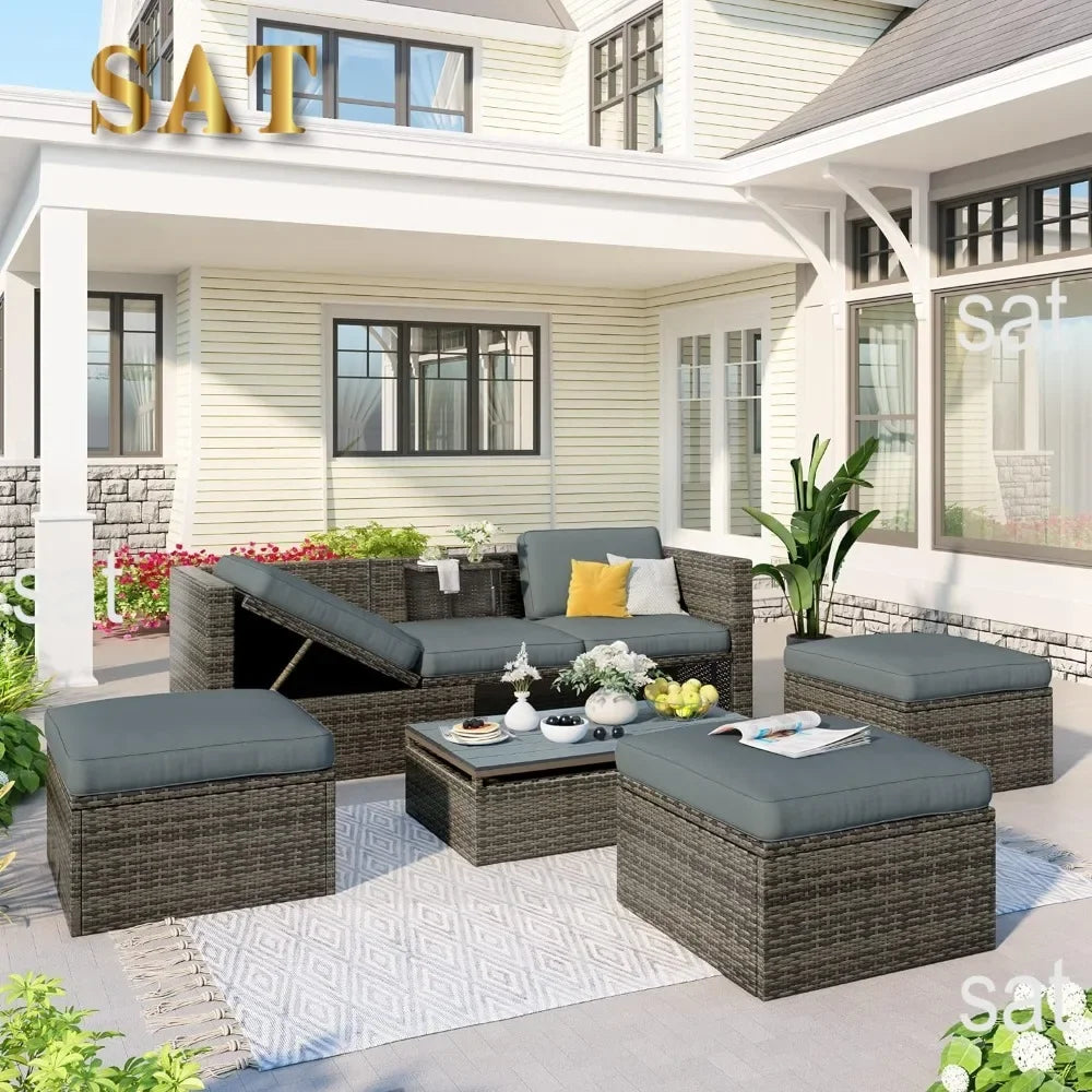 y 5-Piece Patio Furniture Sets with Adustable Backrest, Ottomans and Lift Top Coffee Table, All Weather Waterproof Wicker