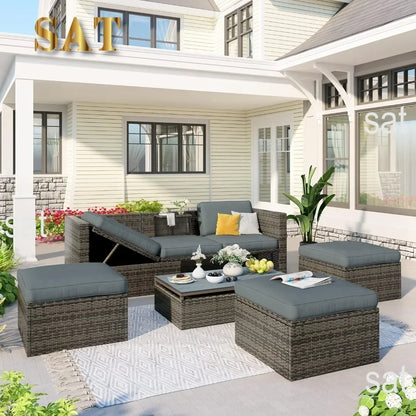 y 5-Piece Patio Furniture Sets with Adustable Backrest, Ottomans and Lift Top Coffee Table, All Weather Waterproof Wicker