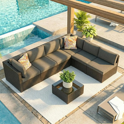 7pc All-Weather Wicker Sectional Sofa Set Modular Rattan Conversation Thick Cushions Glass Table Backyard Poolside Deck Custom