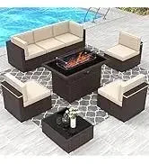 PatioLix 8 Piece Patio Furniture with 44"Propane Gas Fire Pit Table. Outdoor Sectional Conversation Set Wicker Rattan Sofa