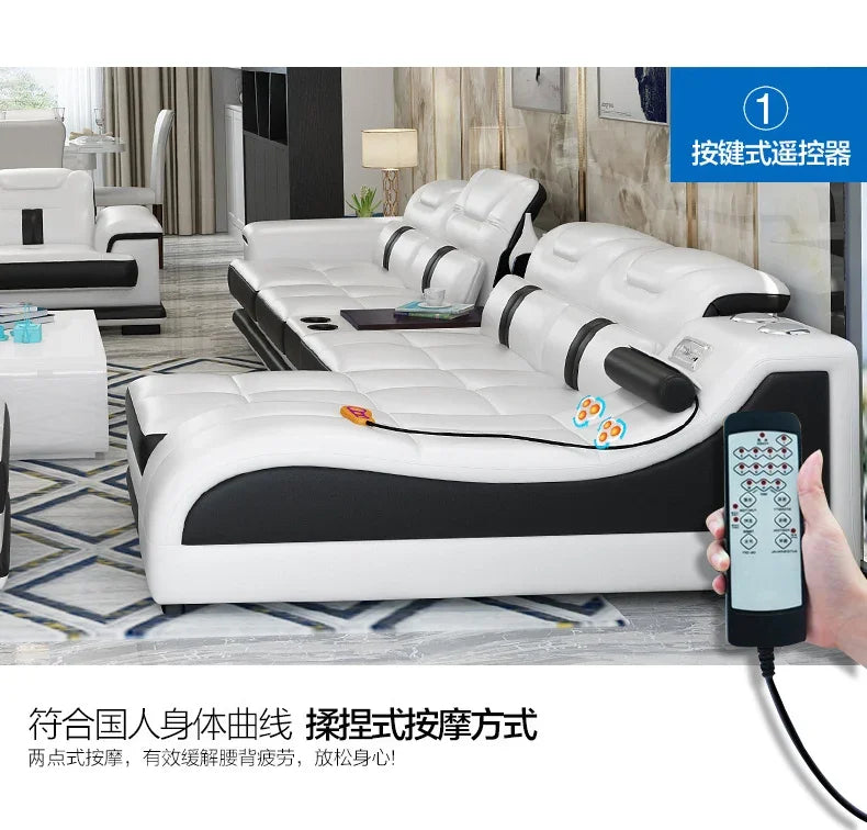 Sectional Sofa with Massage Chaise Lounge, Cup Holder, USB, Adjustable Headrests – Italian Genuine Leather Living Room Couch