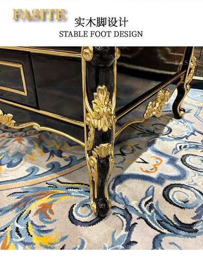 French solid wood large coffee table European rectangular solid wood carving double-layer tea table