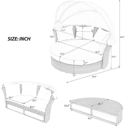 Outdoor Canopy Bed Patio Daybed with 4 Pillows, Wicker Rattan Double Daybed Round Sofa Furniture Set with Retractable Canopy, 2