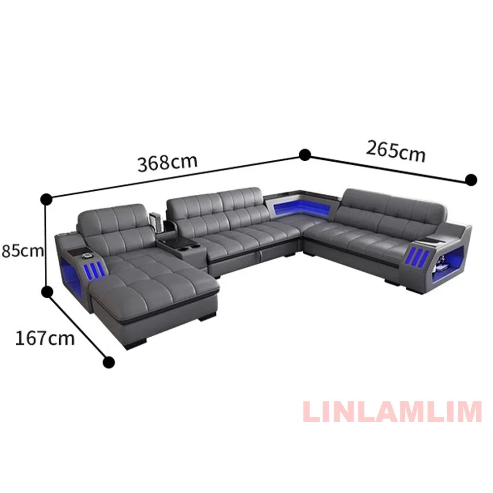 Modern Sectional Sofa Bed with LED Light, Electric Recliner and Massage | Living Room Genuine Leather Couch with Cup Holder, USB