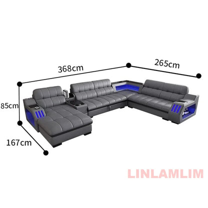 Modern Sectional Sofa Bed with LED Light, Electric Recliner and Massage | Living Room Genuine Leather Couch with Cup Holder, USB