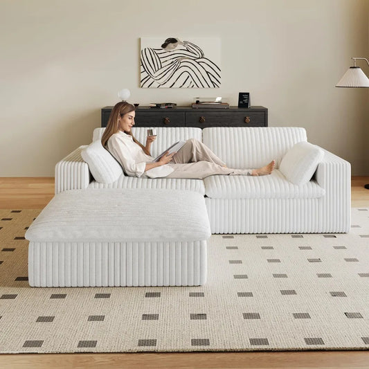 78.8" L - Shaped Modern Modular Sectional Cloud Couch with Ottoman: Plush Corduroy Upholstered Sofa for Living Rooms, Bedrooms