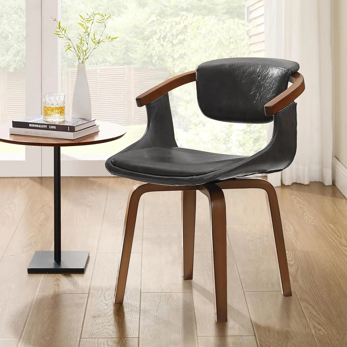 Swivel Desk Chair No Wheels, Mid Century Modern Office Chair, Faux Leather Dining Chair with Wood Legs, Accent Arm, Customized